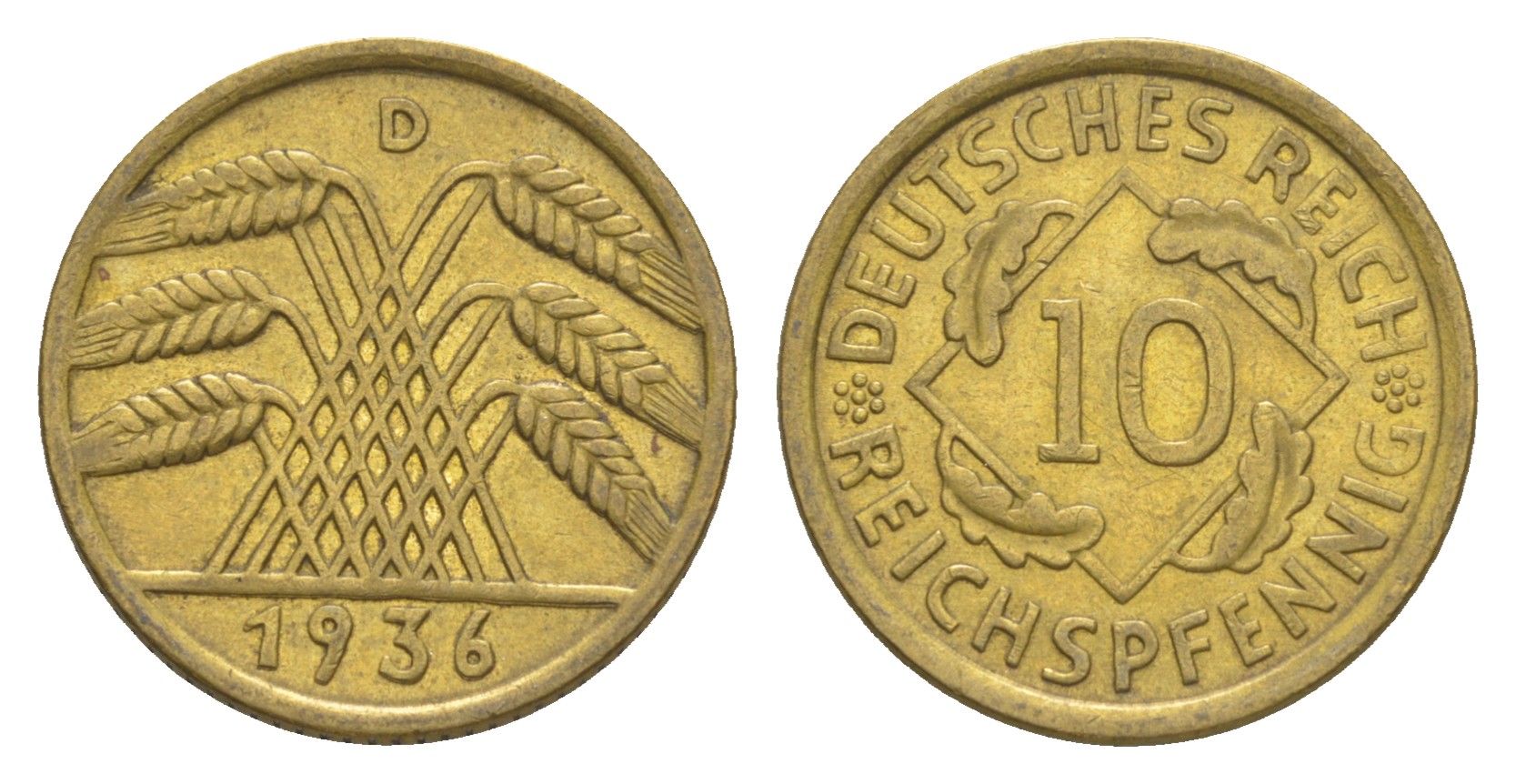 Германия 10 рейхспфеннигов 1936 D KM 40, J. 317 алюминиевая бронза 4549-1023