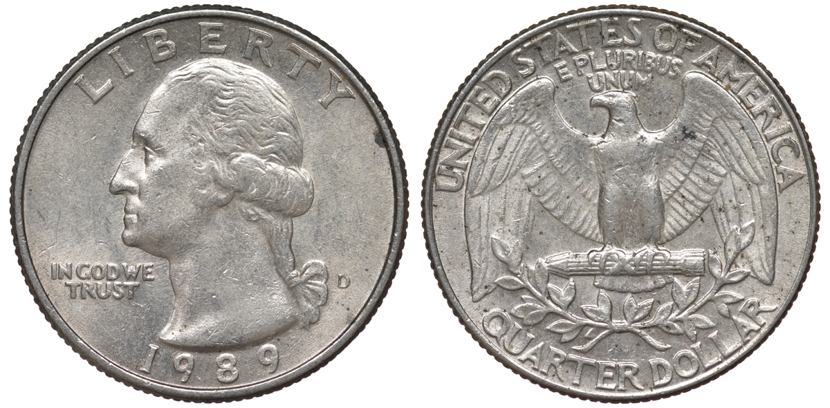 США 25 центов = квотер 1989 D, Вашингтон KM A164a медь плакированная медно-никелем 4543-334