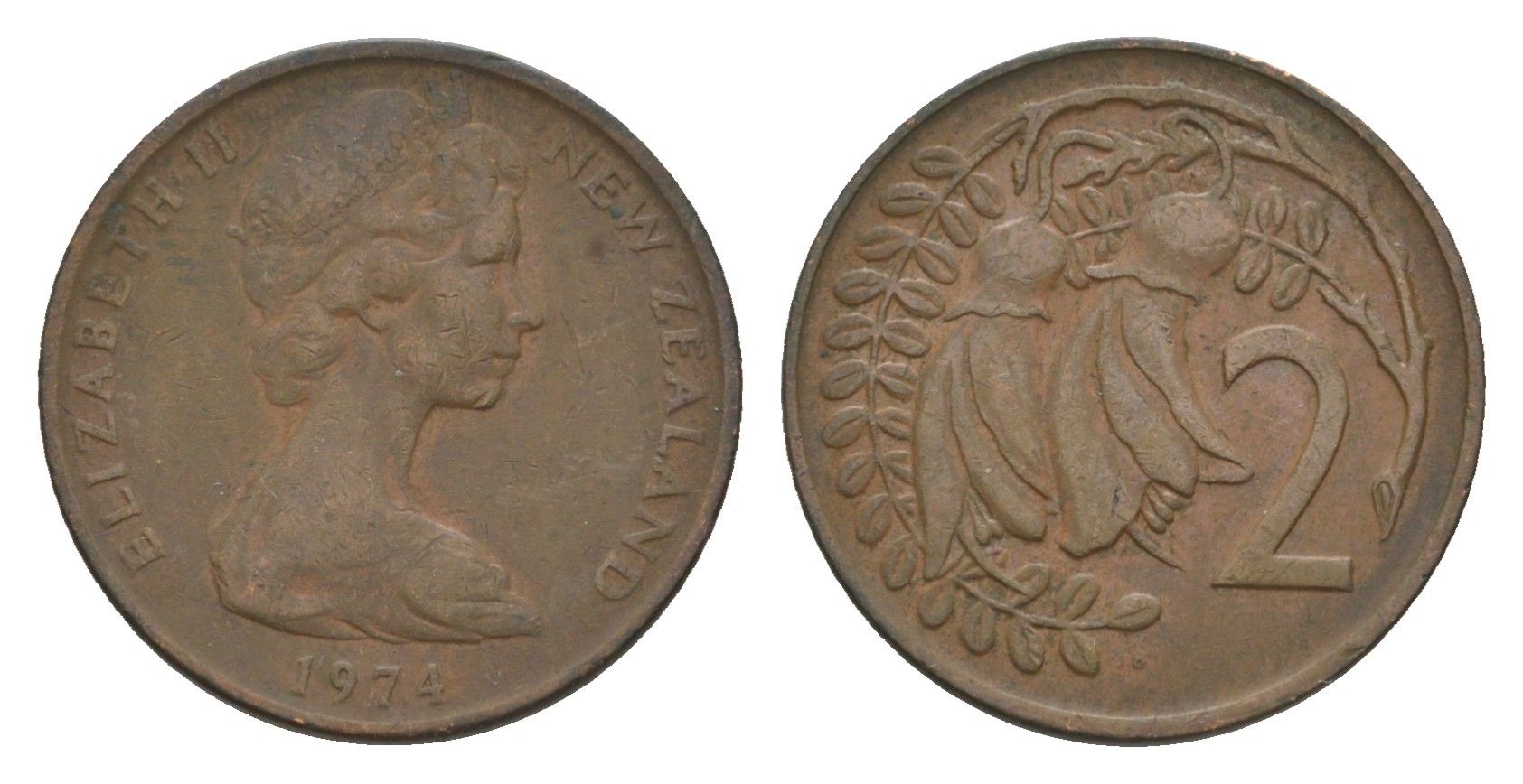 Новая Зеландия 2 цента 1974 Елизавета II (1952-2022), два цветка кохаи KM 32.1 бронза 4655-1144