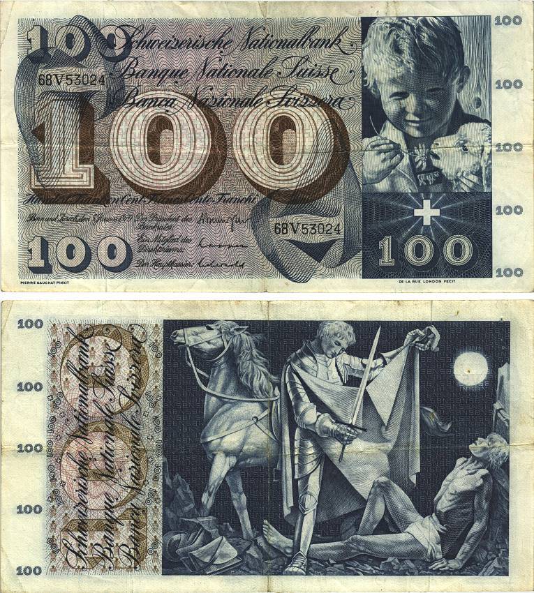 Швейцария 100 франков 1970 5 января 1970, серия 68 V, подпись 42 Pick 49 l бумага 8606-26-2-2