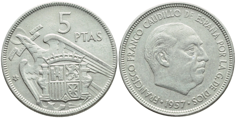 ИСПАНИЯ 5 ПЕСЕТ 1957 (62) ФРАНСИСКО ФРАНКО ДИКТАТОР ИСПАНИИ (1939-1975) KM 786 медно-никель 4395-354