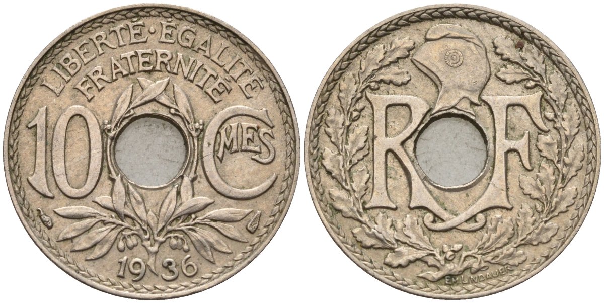 Франция 10 сантимов 1936 KM 866a, Le Franc 138.3 медно-никель 4143-1033