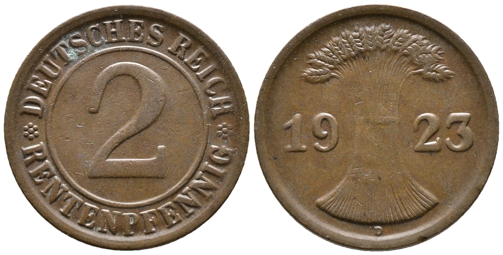 ГЕРМАНИЯ 2 РЕНТЕНПФЕННИГА 1923 D KM 31, J. 307 бронза 24-423