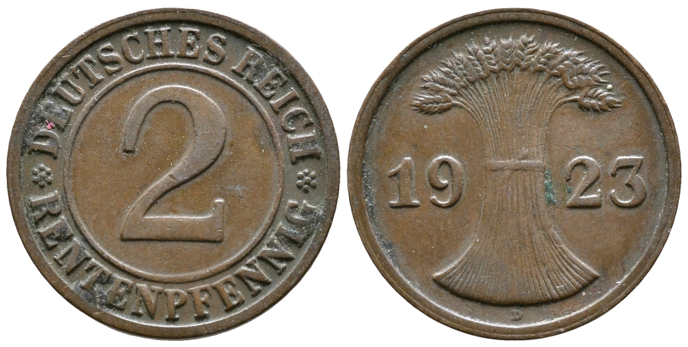 ГЕРМАНИЯ 2 РЕНТЕНПФЕННИГА 1923 D KM 31, J. 307 бронза 73-1013