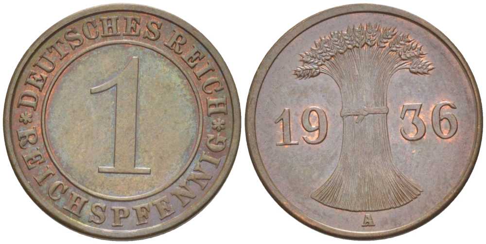 ГЕРМАНИЯ 1 РЕЙХСПФЕННИГ 1936 A KM 37, J. 313, Weege 2 бронза 206-851