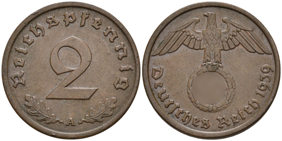 Германия 2 рейхспфеннига 1939 A KM 90, J. 362 бронза 4151-128