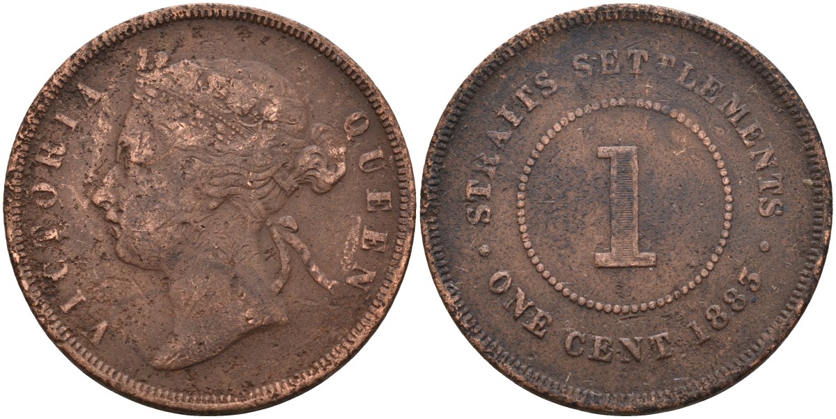 Стрейтс-Сетлментс 1 цент 1883 Виктория (1837-1901), Ост-Индская компания KM 9а бронза 4590-434