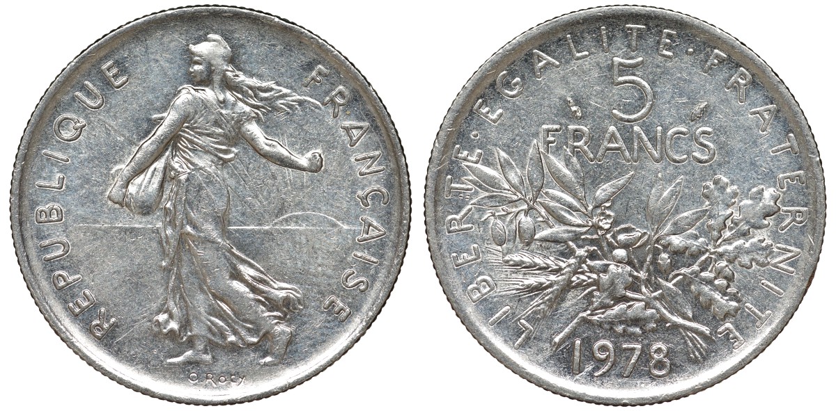 Франция 5 франков 1978 сеятель KM 926a.1, Le Franc 341.10 медно-никель плакированный никелем 51-4125