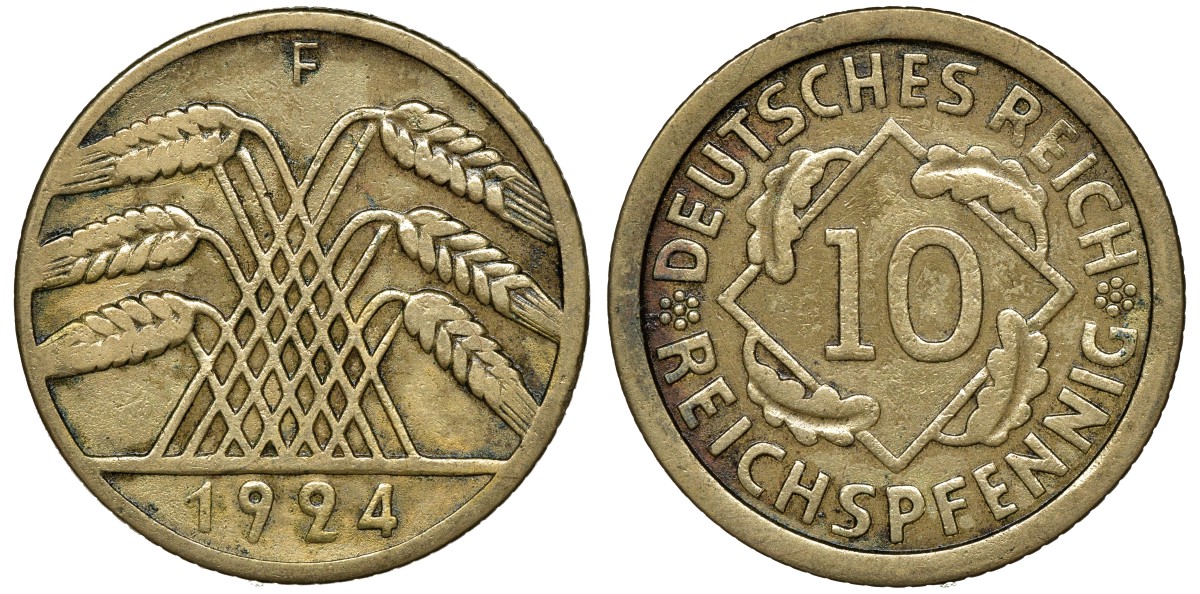 ГЕРМАНИЯ 10 РЕЙХСПФЕННИГОВ 1924 F KM 40, J. 317, Weege 9 алюминиевая бронза 72-1541