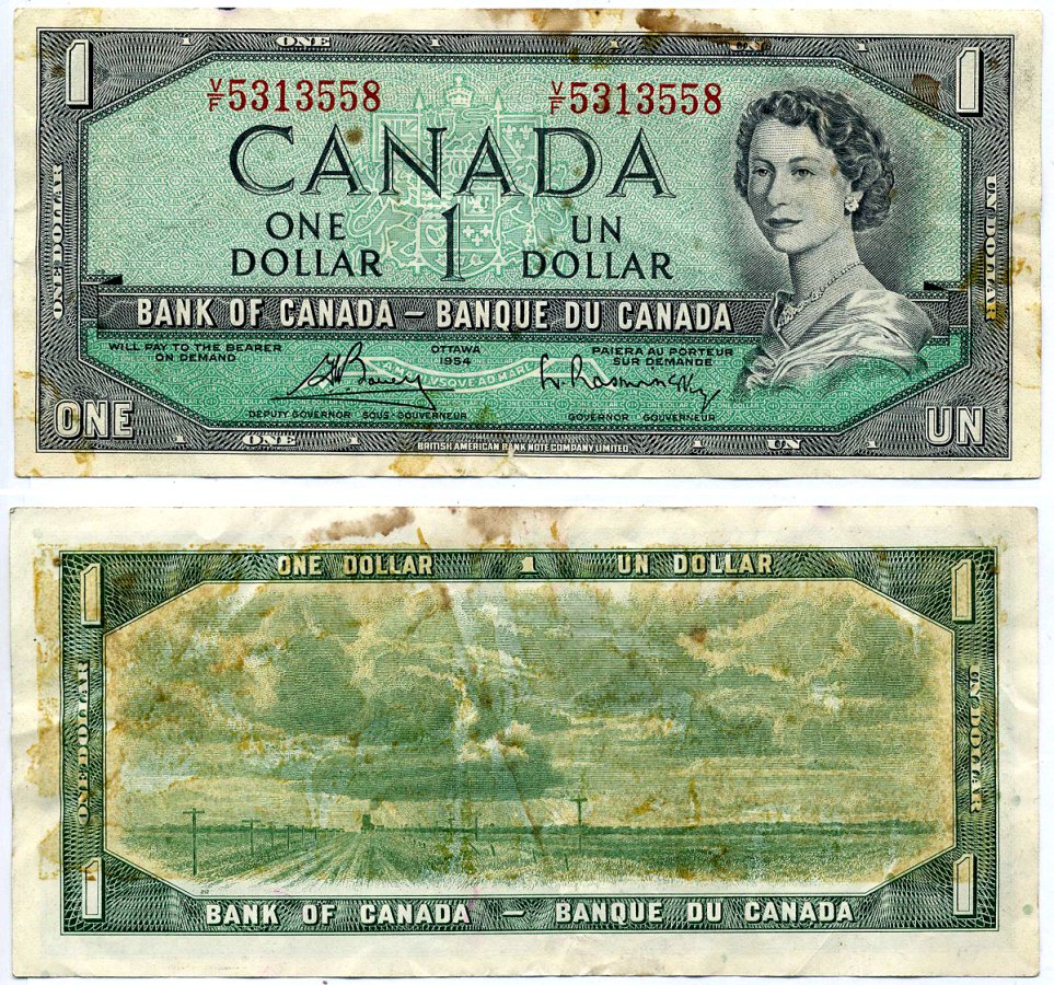 Канада 1 доллар 1954 подписи Bouey & Rasminsky, BABNC, серия V/F Pick 75c бумага 6285-1-2-2