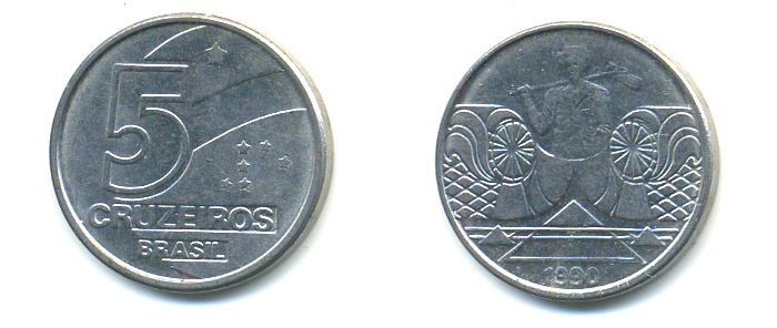 Бразилия 5 крузейро 1990 фермер KM 618.1 нержавеющая сталь aUNC 93-656