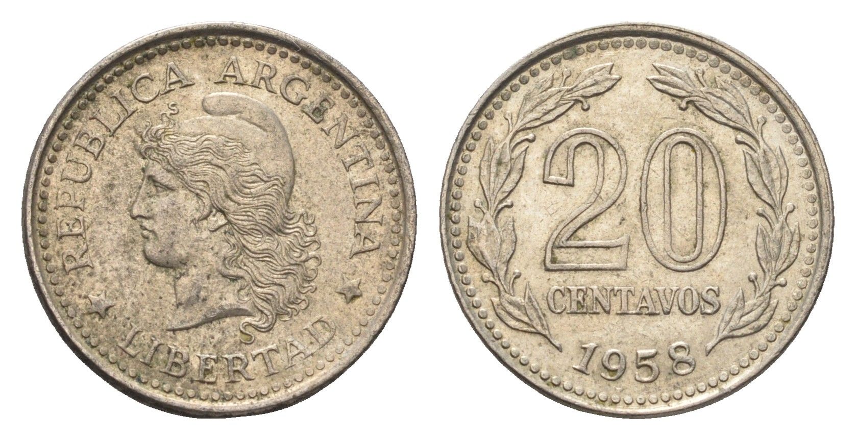 Аргентина 20 сентаво 1958 KM 55 сталь плакированная никелем 4664-619