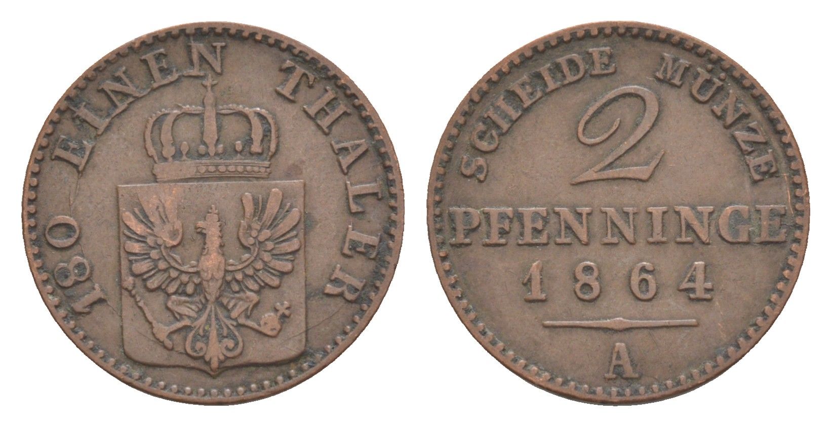 Пруссия 2 пфеннига 1864 A, Вильгельм I (1861-1888) KM 481, Jaeger 51, AKS 107, Olding 425 медь 4651-257