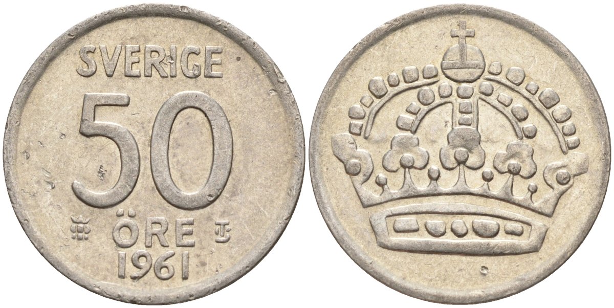 Швеция 50 эре 1961 TS, Густав VI Адольф (1950-1973) KM 825 серебро 4148-952