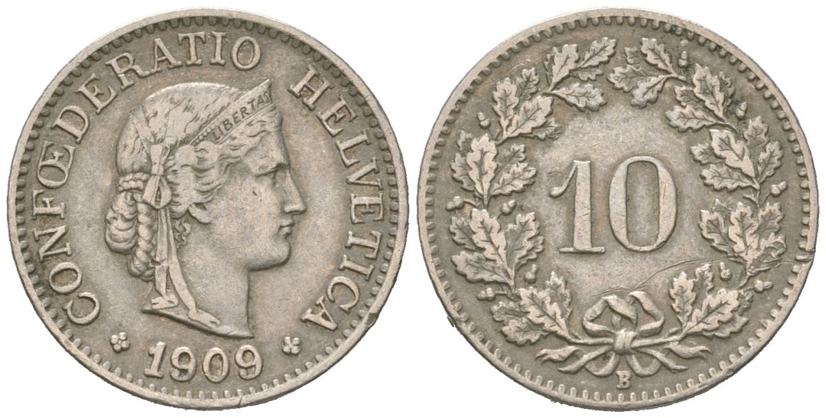 Швейцария 10 раппенов 1909 B KM 27 медно-никель 4164-1252