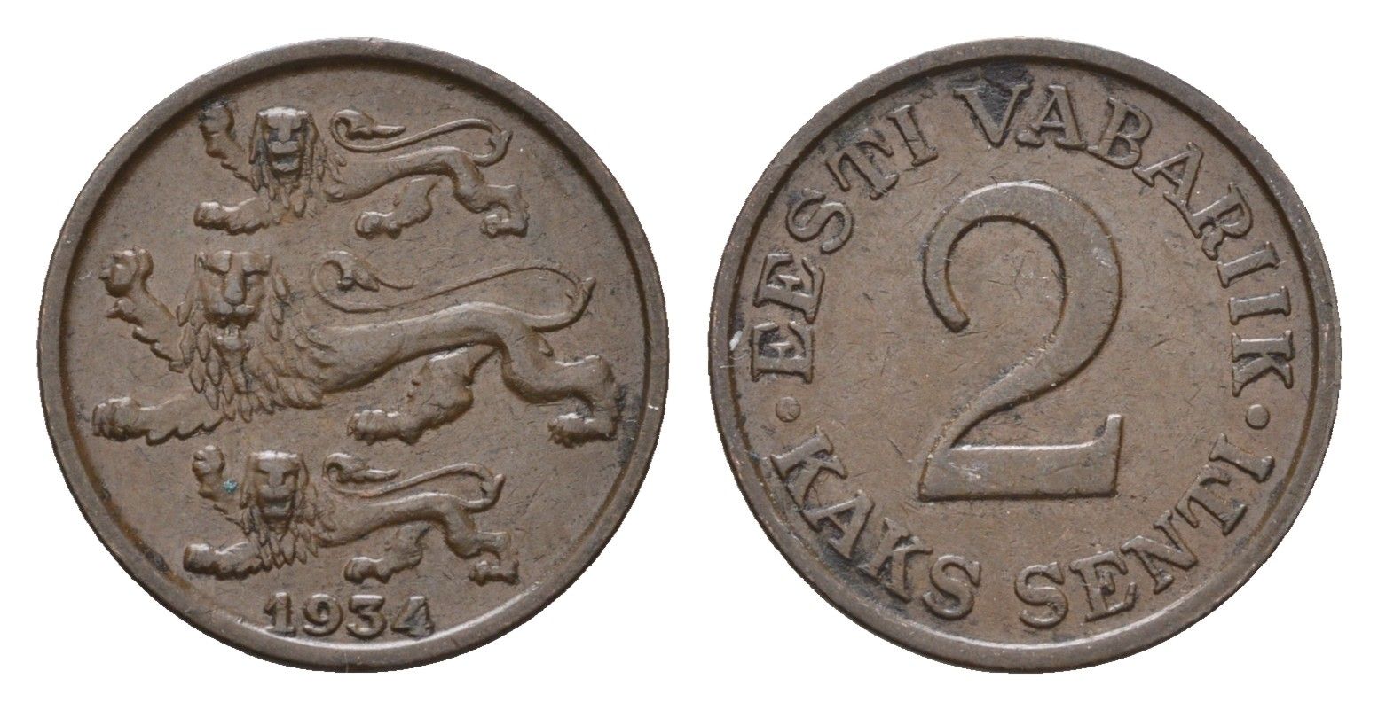 Эстония 2 сентов 1934 год-тип KM 15 бронза 35-748