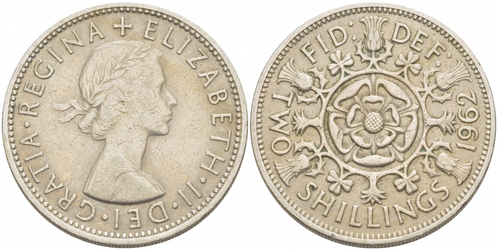 Великобритания 2 шиллинга (флорин) 1962 Елизавета II (1952-2022) KM 906, Spink 4146 медно-никель 215-231
