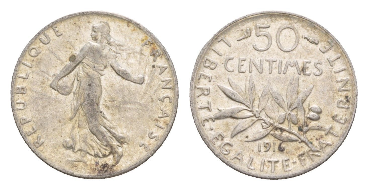 Франция 50 сантимов 1916 KM 854 серебро 4655-633