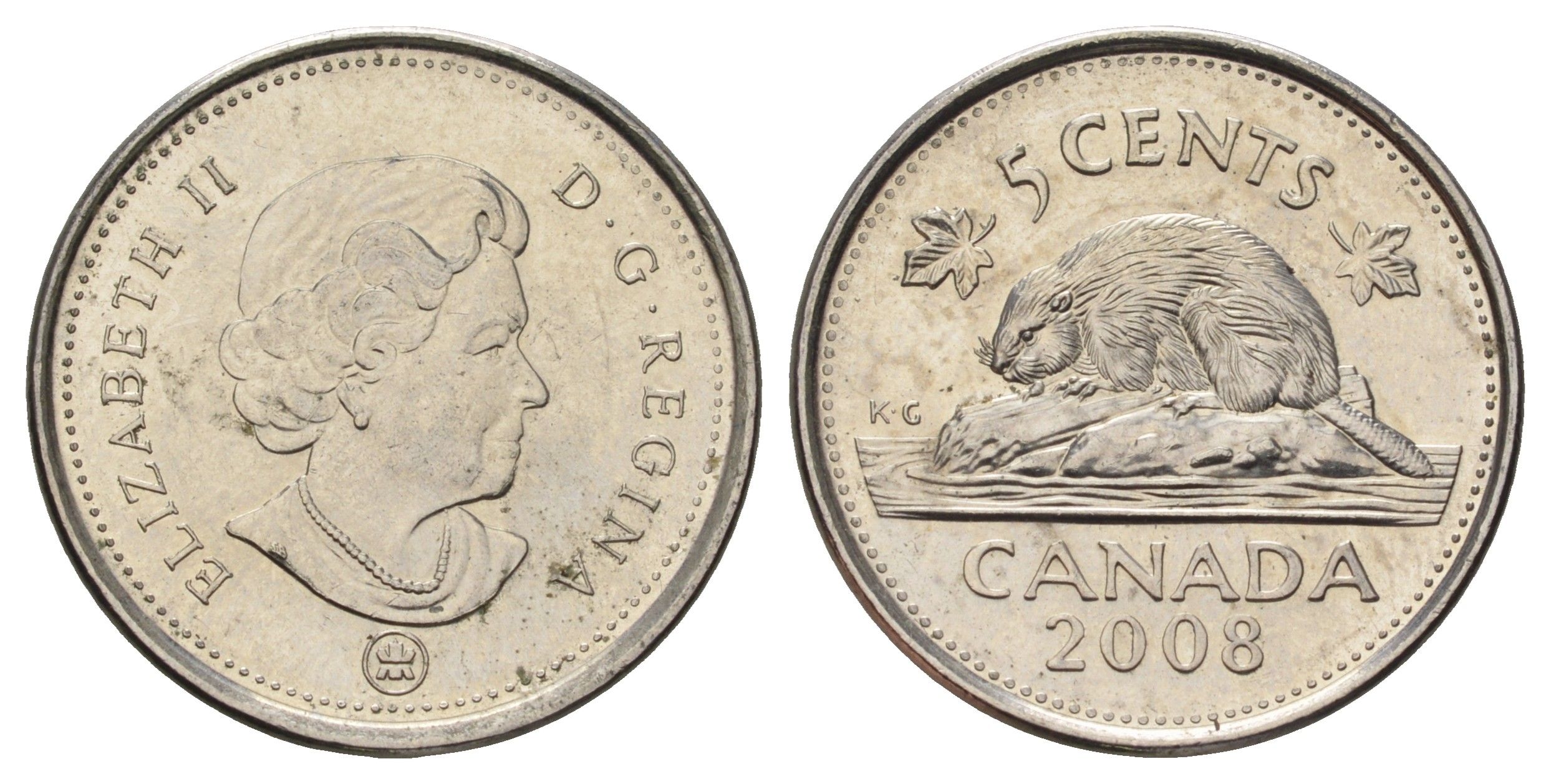 Канада 5 центов 2008 Leaf, Елизавета II (1952-2022), бобр KM 491 сталь плакированная никелем UNC 4689-516