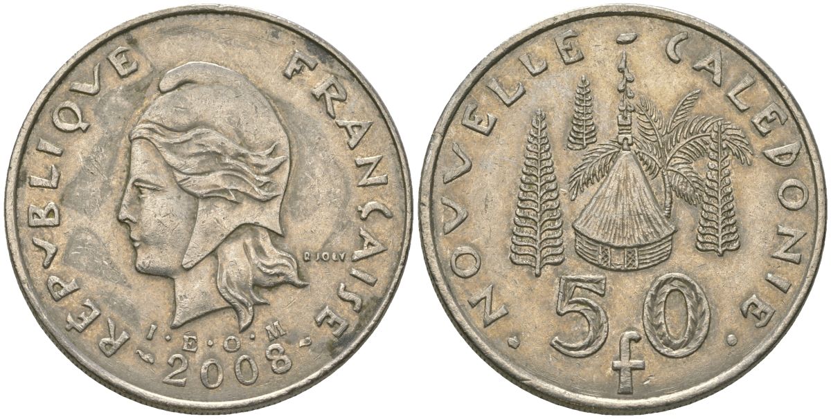 Французская Новая Каледония 50 франков 2008 хижина среди сосен и пальм, (IEOM) KM 13a, Schoen 15a, Lec 128i медно-никель 114-311