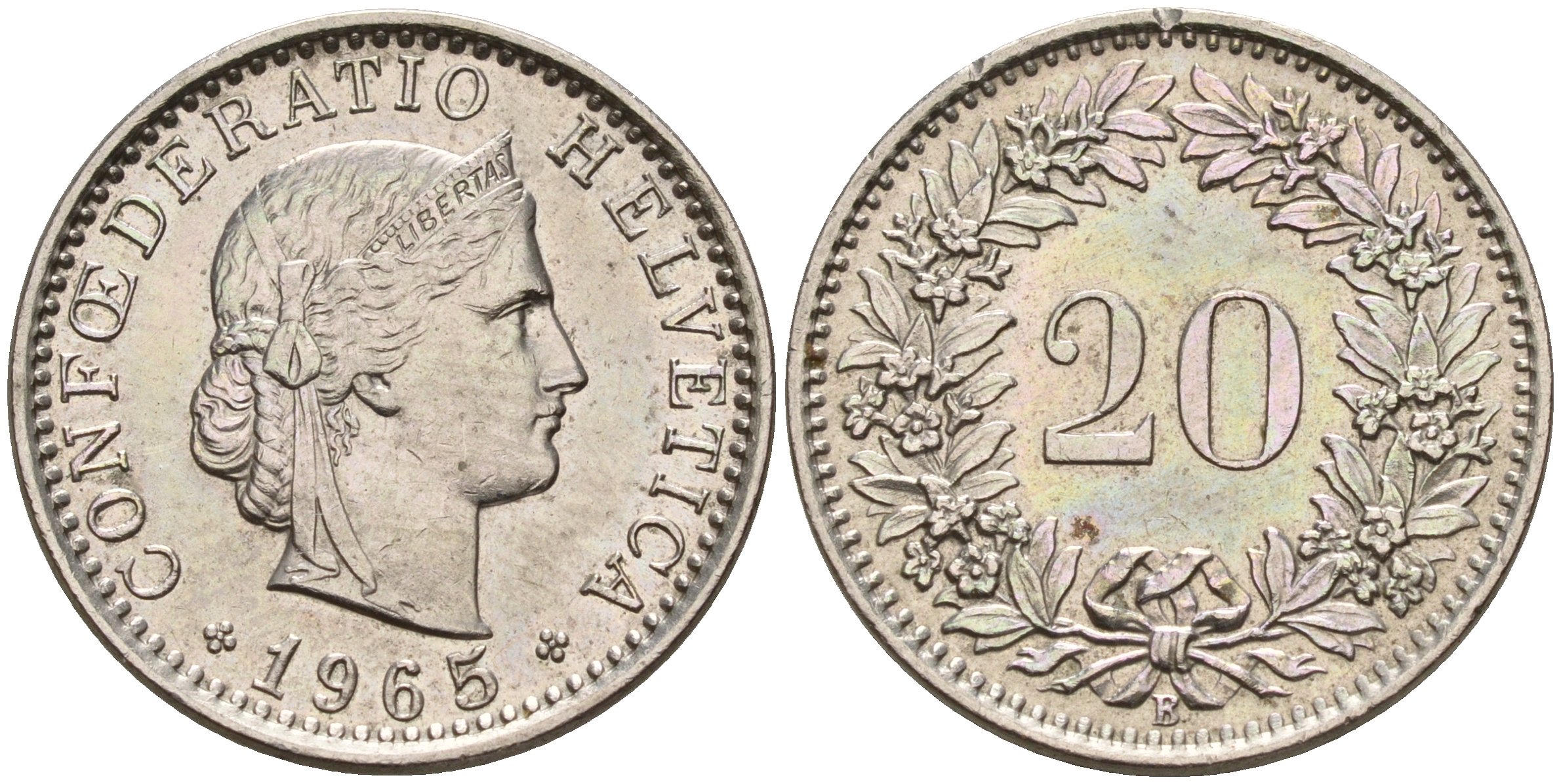 Швейцария 20 раппенов 1965 B KM 29a медно-никель    4161-653