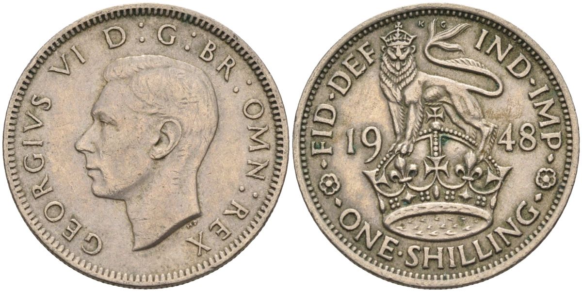 Великобритания 1 шиллинг 1948 Георг VI (1936-1952), Английский герб KM 863, Spink 4103 медно-никель 4126-447