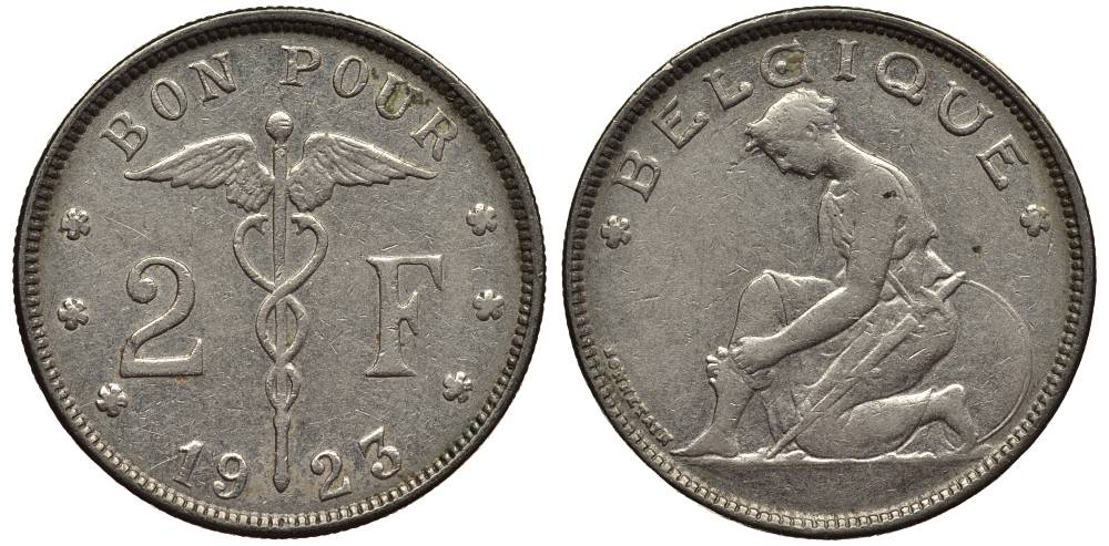 БЕЛЬГИЯ 2 ФРАНКА 1923 BELGIQUE, СОСТОЯНИЕ, АЛЬБЕРТ I (1909-1934) KM 91.1 никель XF 4545-1211