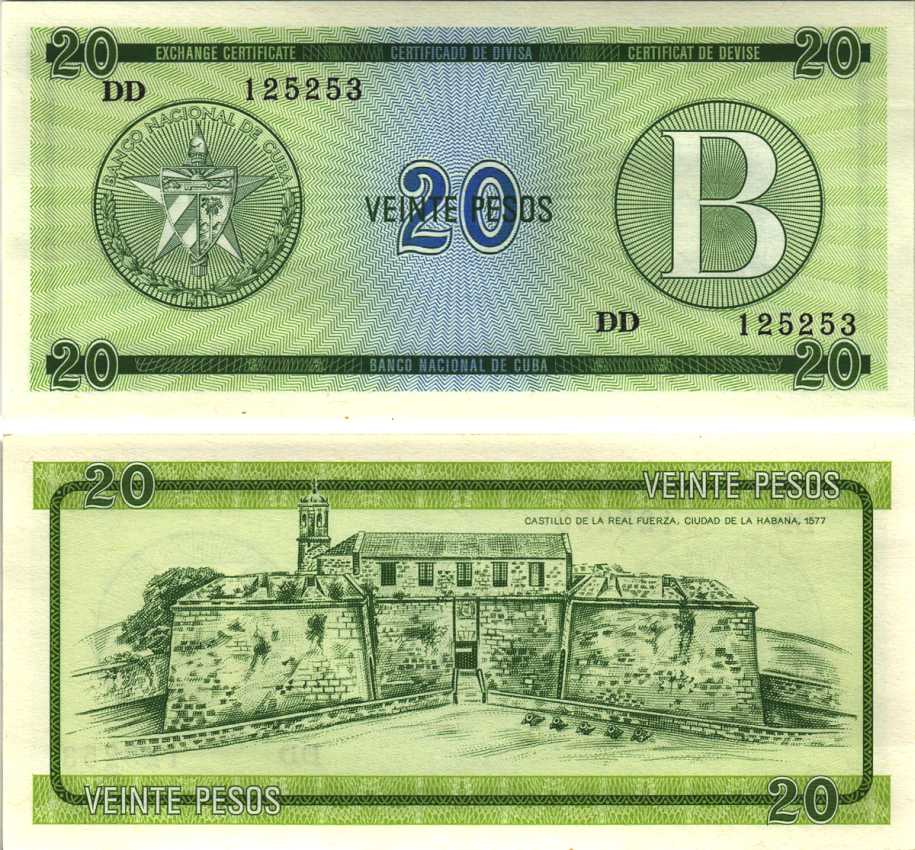 Куба, валютный сертификат 20 песо ND (1985) серия B, зеленая Pick FX 9 бумага UNC (пресс) 7191-39-3-1