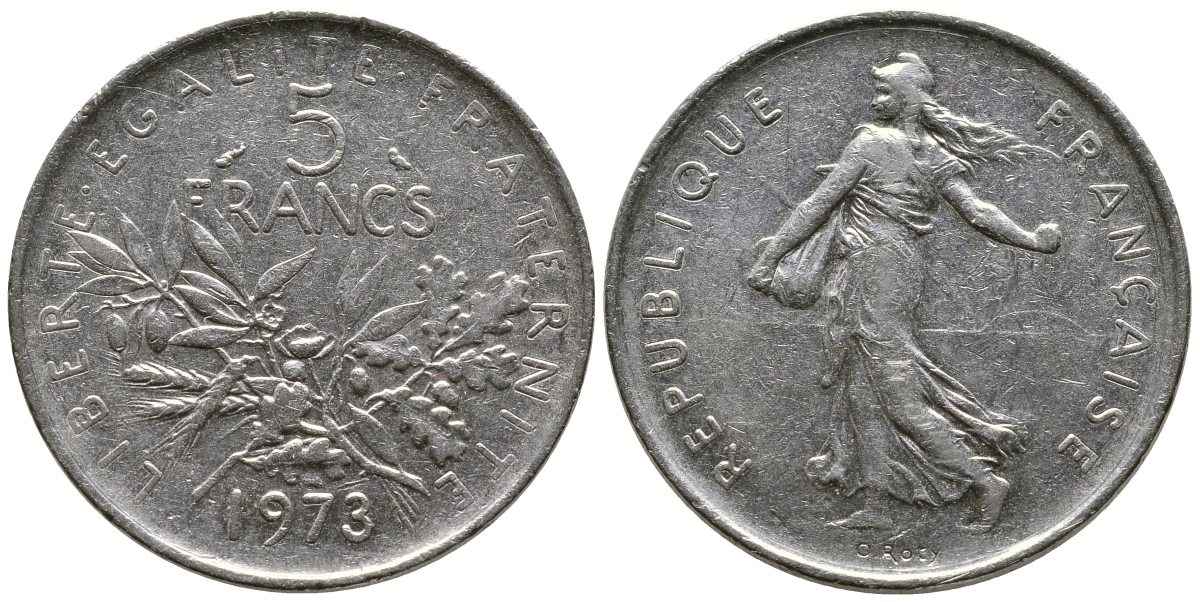 ФРАНЦИЯ 5 ФРАНКОВ 1973 СЕЯТЕЛЬ KM 926a.1, LE FRANC 341.5 медно-никель плакированный никелем 36-145