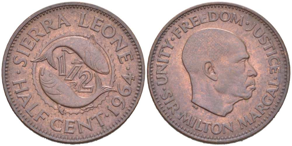 Сьерра-Леоне 1/2 цента 1976 рыбы KM 16 бронза 218-1168