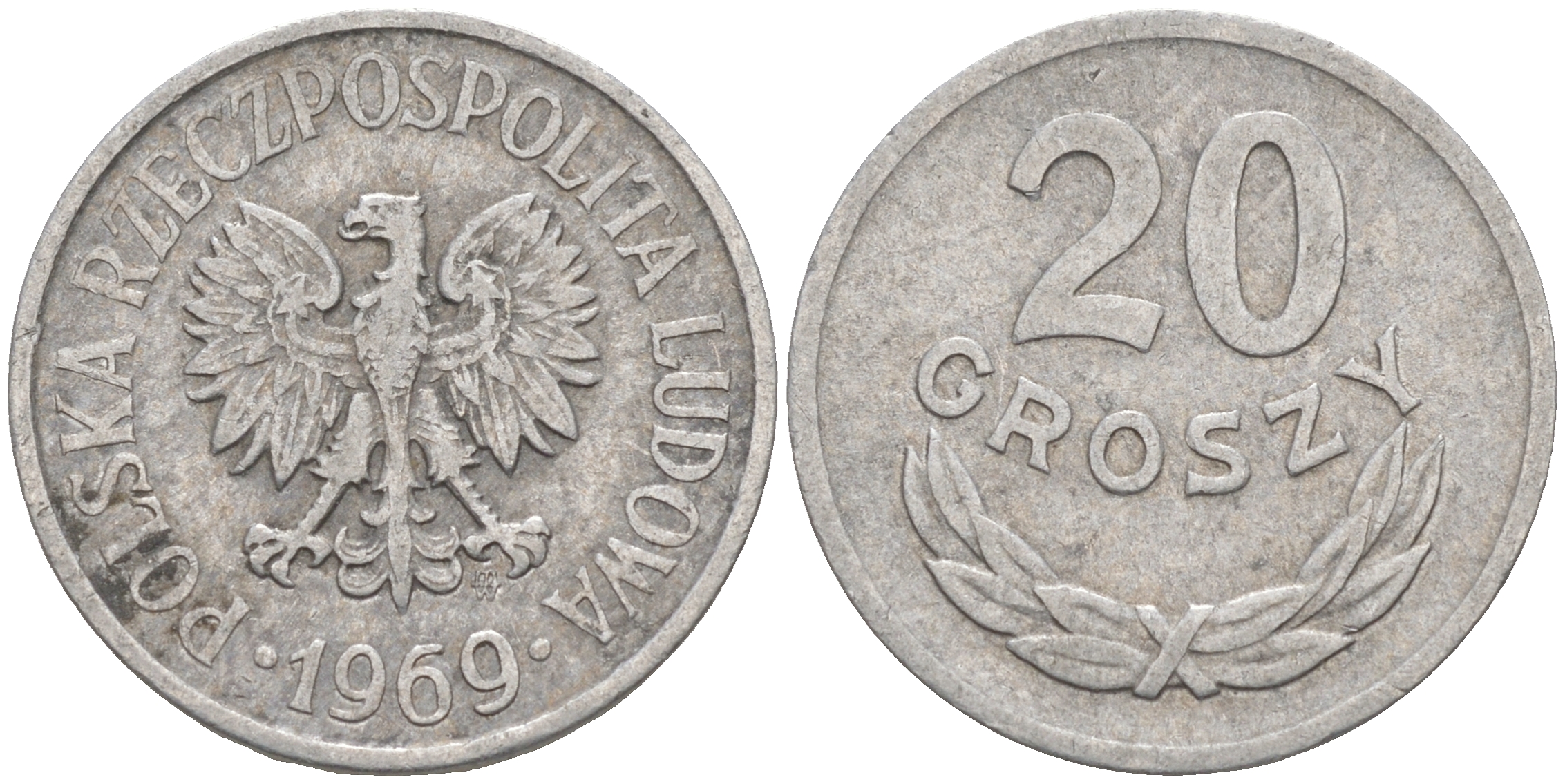 ПОЛЬША 20 ГРОШЕЙ 1969 MW KM A47 алюминий VF 188-332