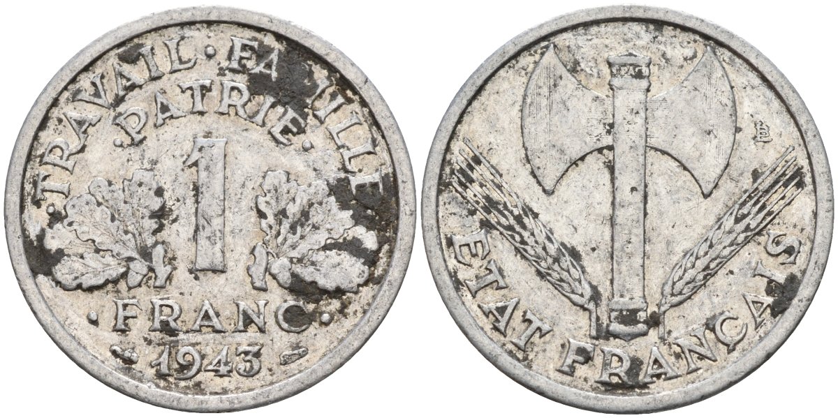 Франция 1 франк 1943 LB, тип Lourde, правительство Виши KM 902.1 алюминий 4142-923