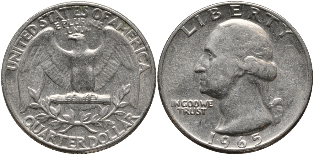 США 25 центов (квотер) 1965 Вашингтон KM 164a медь плакированная медно-никелем 4390-913