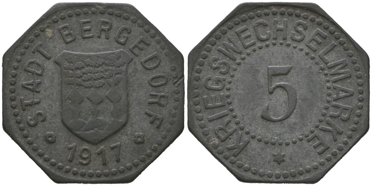 Бергедорф (Гамбург) 5 пфенингов 1917 Funck 36.1, Men05 1771.1, Men18 2289.1 цинк 4525-1246
