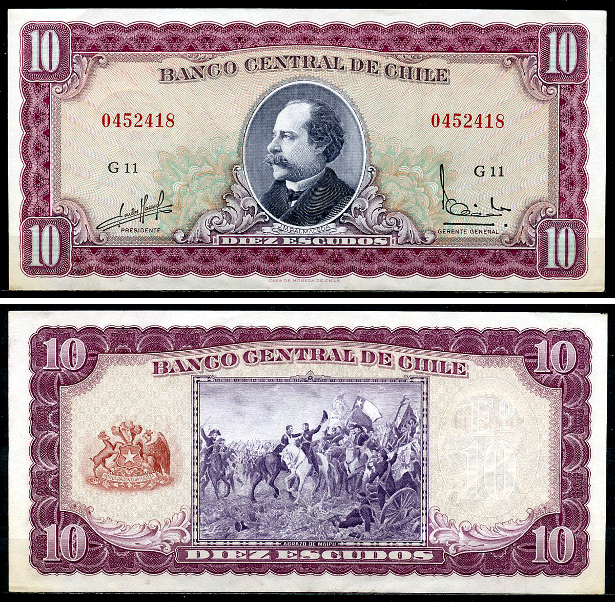 Чили 10 эскудо ND (1962-1975) Хосе Мануэль Бальмаседа Pick 139 a (3)  бумага   6294-32-2-1