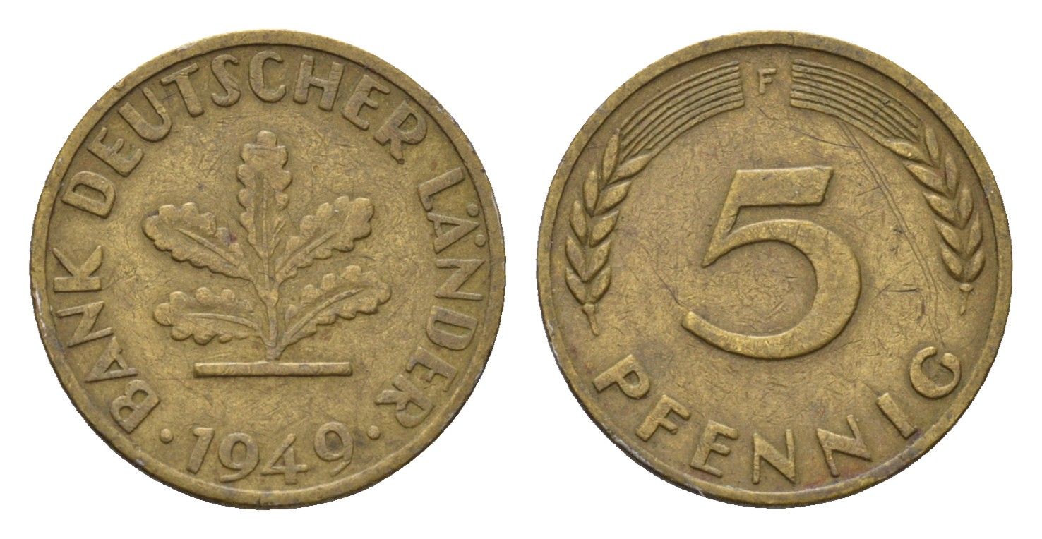 ФРГ 5 пфеннигов 1949 F KM 102, J. 377 сталь плакированная латунью 4685-365