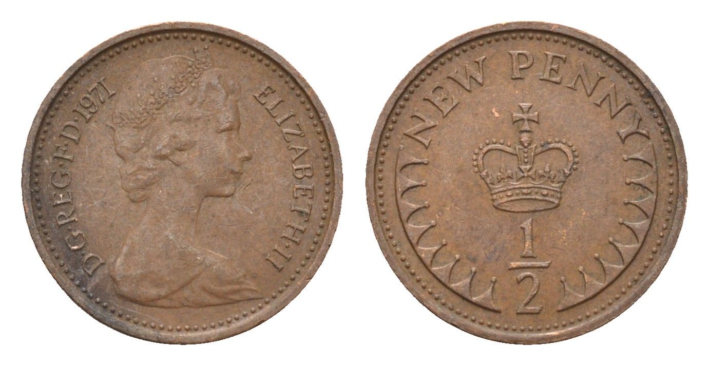 Великобритания 1/2 пенни 1971 Елизавета II (1952-2022) KM 914, Spink 4239 бронза 4697-854