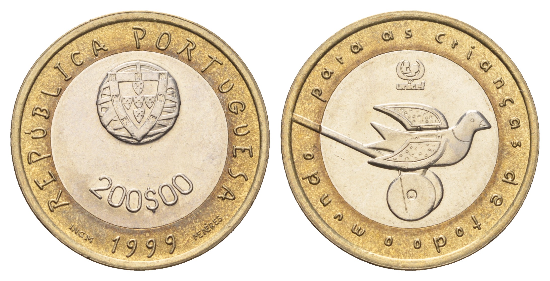 Португалия 200 эскудо 1999 UNICEF, голубь мира KM 720 биметалл UNC M84-05