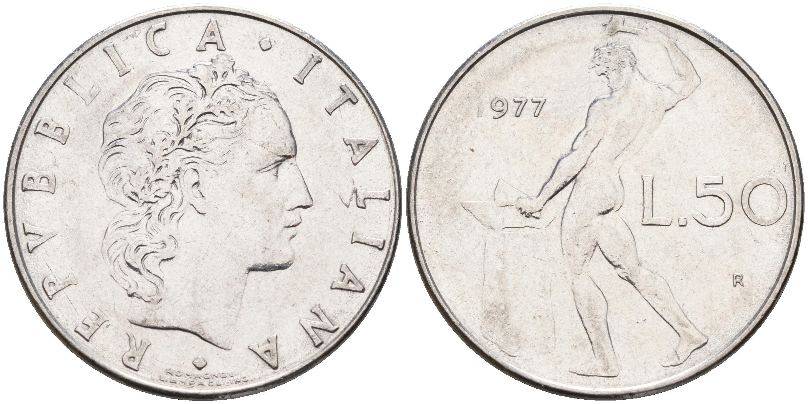 Италия 50 лир 1977 R, бог огня Вулкан у наковальни KM 95.1 нержавеющая сталь    4603-224