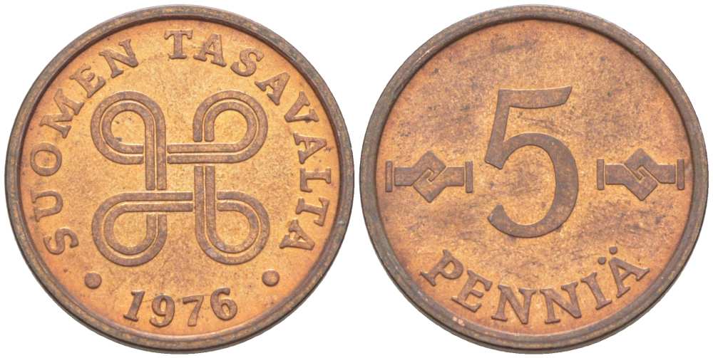 ФИНЛЯНДИЯ 5 ПЕННИ 1976 KM 45 медь 217-1041