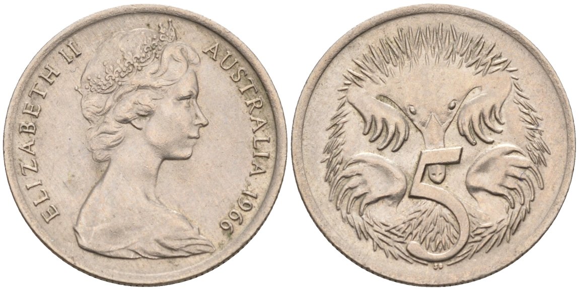 Австралия 5 центов 1966 ЕХИДНА KM 64 медно-никель 190-817