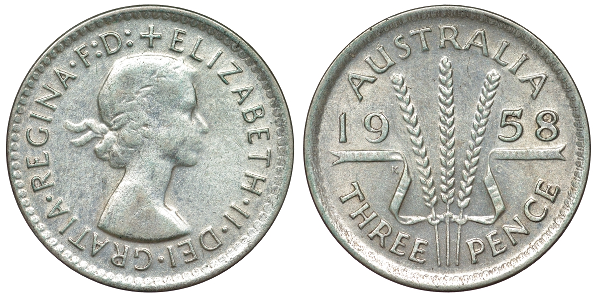 Австралия 3 пенса 1958 m, Елизавета II (1952-2022) KM 57 серебро 71-552
