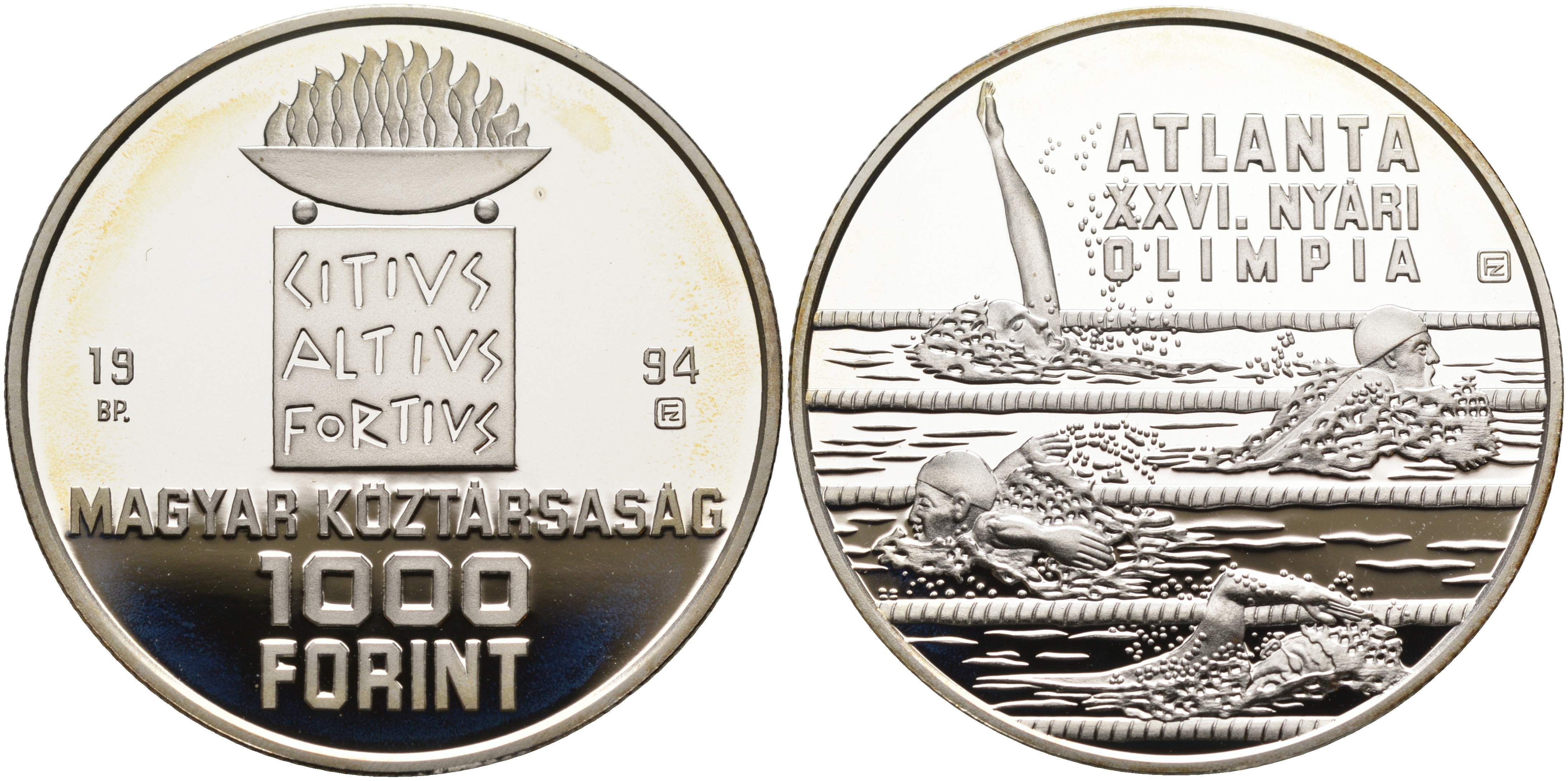 Венгрия 1000 форинтов 1994 XXVI Олимпийские игры в Атланте, плавание KM 712 серебро PROOF 02-207-31