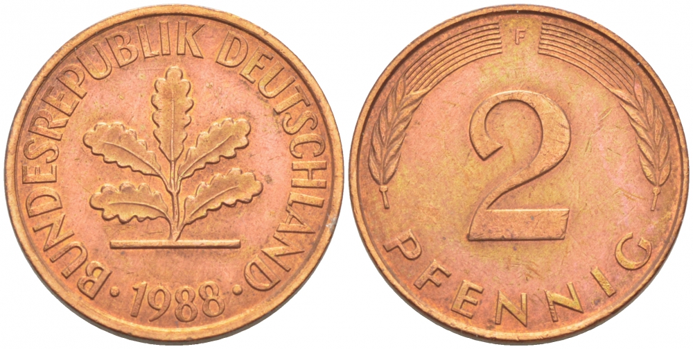 ФРГ 2 ПФЕННИГА 1988 J KM 106a, J.381a сталь плакированная сталь плакированная медьюю 4396-1618