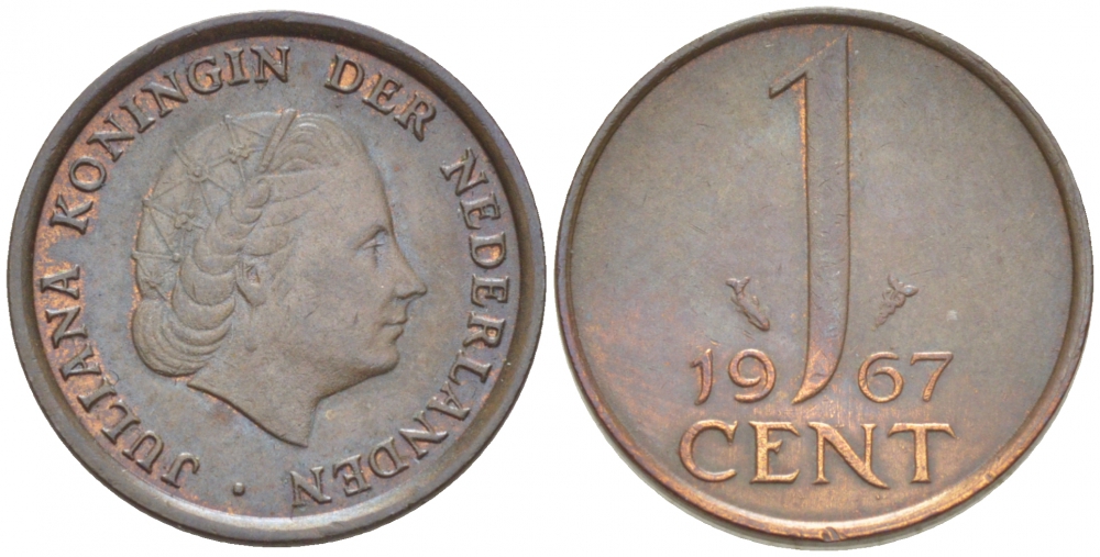НИДЕРЛАНДЫ 1 ЦЕНТ 1967 ЮЛИАНА KM 180 бронза 3457-1029
