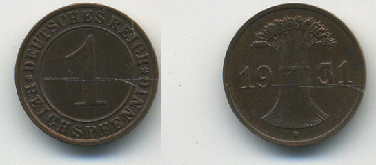 ГЕРМАНИЯ 1 РЕЙХСПФЕННИГ 1931 F KM 37, J. 313 бронза 37-246