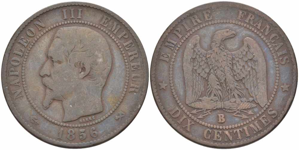 Франция 10 сантимов 1856 B, Наполеон III (1852-1870) KM 771.2, Le Franc 133.33 бронза    4680-544