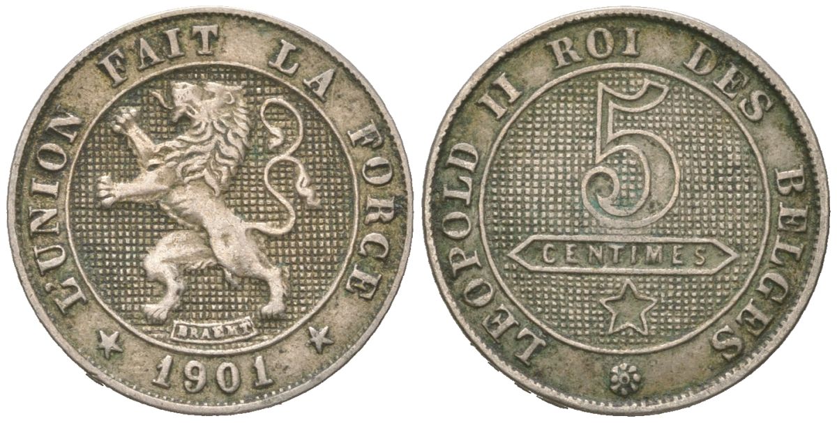 Бельгия 5 сантимов 1901 DES BELGES, Леопольд II (1865-1909) KM 40 медно-никель 4044-323