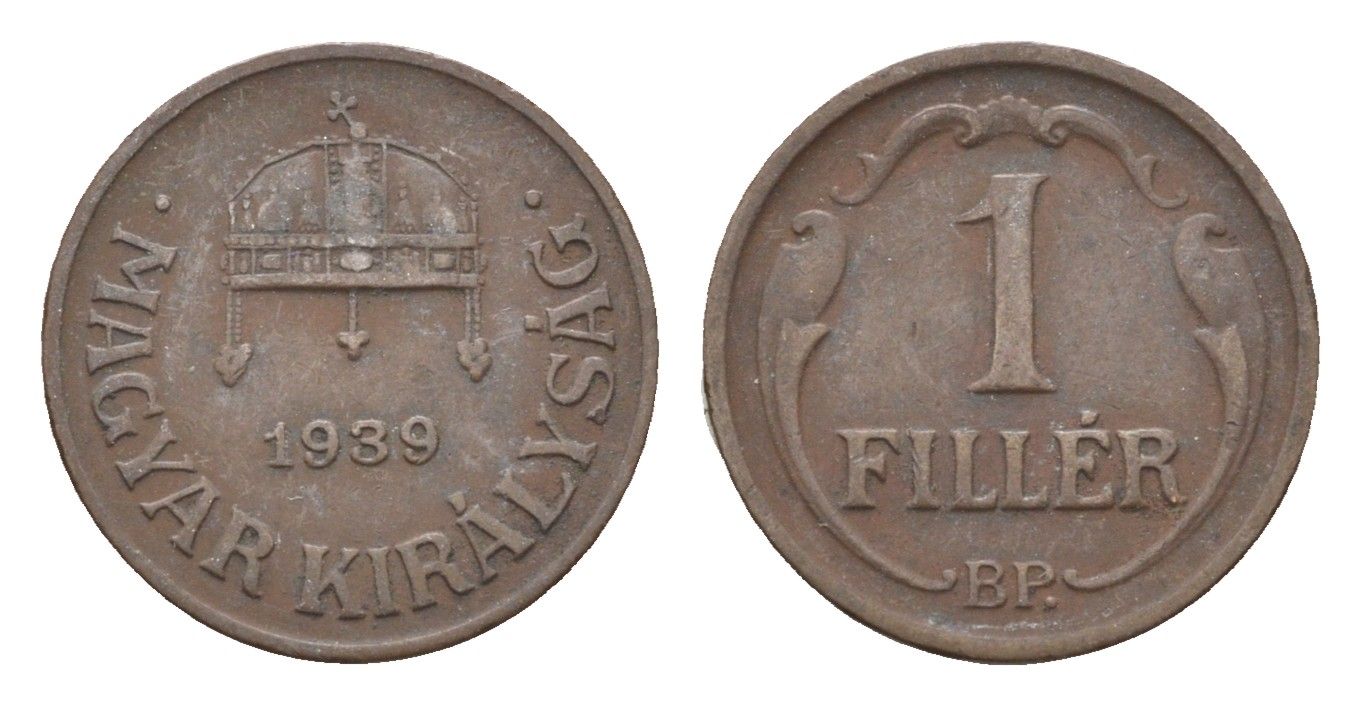 Венгрия 1 филлер 1939 BP, редкий год KM 505 бронза 4665-362