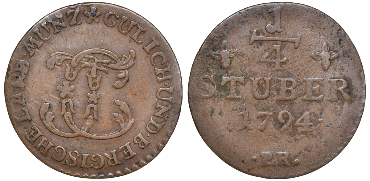 Юлих-Берг 1/4 штюбера 1794 PM, Карл Теодор (1777-1799) KM 205, Noss 1007 медь 4606-154